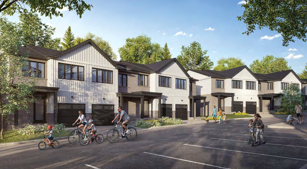 The Brook townhome exterior rendering with private garage at Lackner Ridge Townhomes, Kitchener