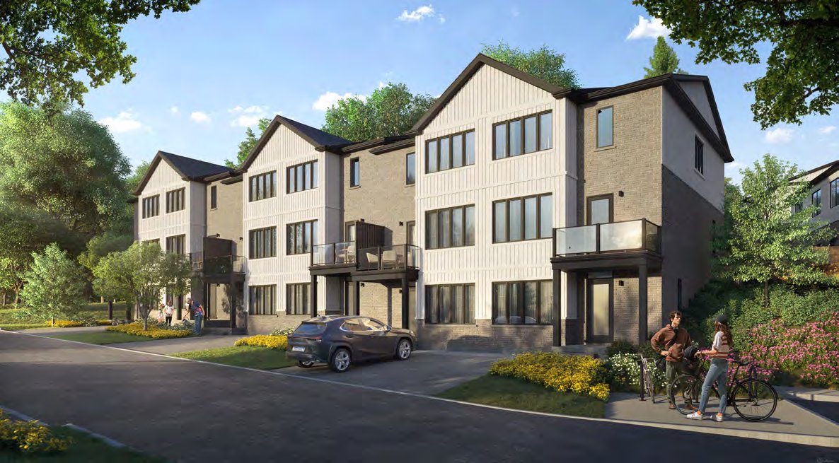 The Dale stacked townhome exterior rendering with balconies at Lackner Ridge Townhomes, Kitchener